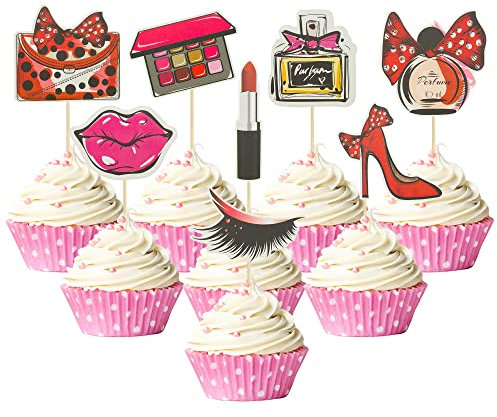 Gyufise Paquete de 32 adornos de maquillaje para magdalenas de feliz cumpleaños con purpurina para decoración de pasteles de despedida de soltera, temática de maquillaje para niñas, fiesta de