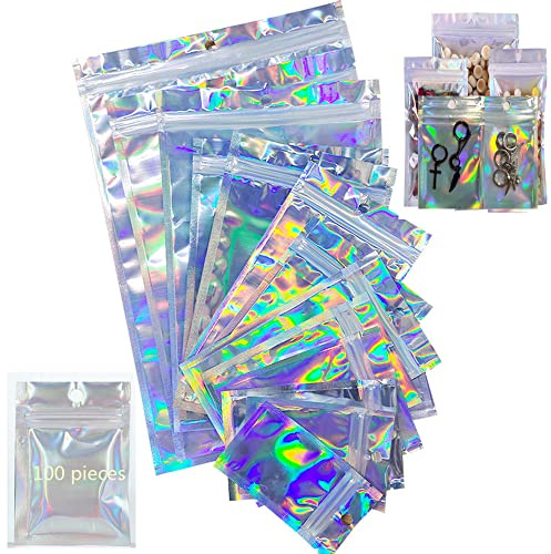 Lot de 100 sacs en mylar verrouillables à l'épreuve des odeurs, sac holographique plat, sacs verrouillables avec fermeture éclair pour stocker des cadeaux, sac de bijoux (M(10 x 18 cm)
