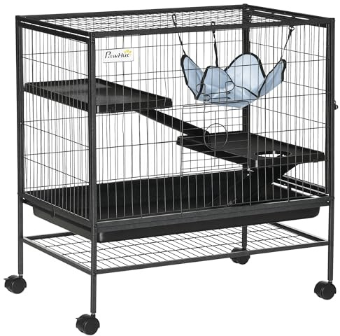 PawHut Small Animal Cage with Wheels, Pet Playpen for Syrian Hamster, Cat, Ferrets, Chinchillas with Bottom Storage Shelf, Removable Tray, Ramp, 31.5 x 20.5 x 33.1