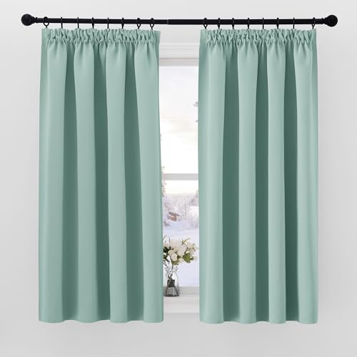 PONY DANCE Blackout Pencil Pleat Curtains, Light Green, W46 x L54 Inch | Thermal Insulated Curtains with Noise Reducing & Privacy, Soft Window Treatment for Bedroom, Living Room & Kitchen, 2 Panels