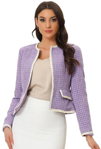 Allegra K Damen Plaid Tweed Blazer Anzug Blazer Langarm Open Front Arbeit Büro Kurze Jacke, violett, M
