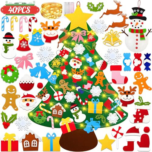 Frasheng Feutre Arbre de Noël,Ensemble d'arbre de Noël en Feutre,Ensemble Arbre de Noël Feutre DIY,102 cm Sapin de Noël Décoration avec 39 Ornements détachables 30 LEDs lumières et Crochet Collant