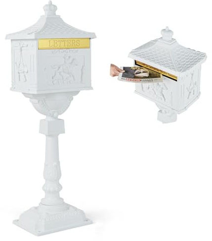 Giantex Cast Aluminum Mailbox with Post - Locking Residential Mailboxes for Outside with Keys, Baffle Door, Expansion Bolts, Address Panel, In-Ground Rust-Proof Large Security Postal Mailbox (White)