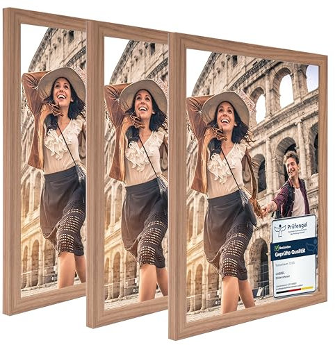 CABBEL set de 3 marcos 30x40 cm Marco de madera MDF con cristal acrílico inastillable, ideal para pósters, retratos en Roble