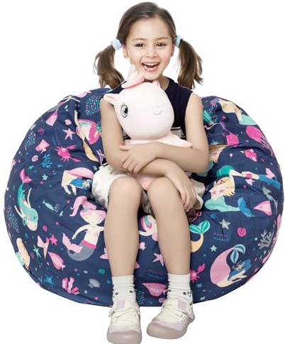 Round Bean Bag Cover Only without Filling, Large Stuffed Animal Bean Bag Storage, Bean Bag Chair Cover, Beanbag Covers with no Filling for Kids and Teens (Mermaid, Large)