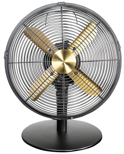 Russell Hobbs 12” Metal Desk Fan in Brushed Gold and Black, 3 Speed Settings, Lightweight and Compact, Tilt and Oscillating Features, 4 Curved Blades, Up to 2 Years Guarentee, RHMDF1201BG