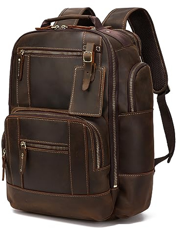 LANNSYNE Vintage Genuine Leather Backpack for men, 15.6 Laptop Backpack Travel Camping 24L Rucksack
