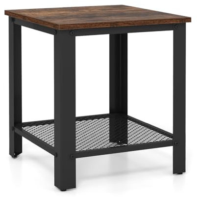 Multigot Wooden End Table, Metal Frame Sofa Side Table 2-Tier Snack Table with Mesh Storage Shelf, Narrow Nightstand Organizer Accent Tea Table for Living Room Bedroom Study