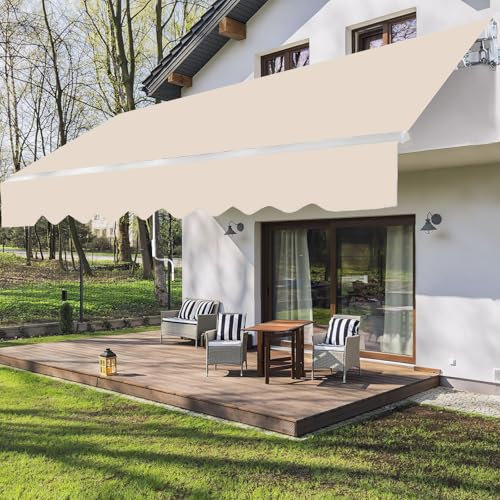 Randaco Auvent manuel à bras articulés, 350 x 300 cm, protection solaire avec manivelle, pour jardin, anti-UV et imperméable, réglage de l'angle (0-30°), beige