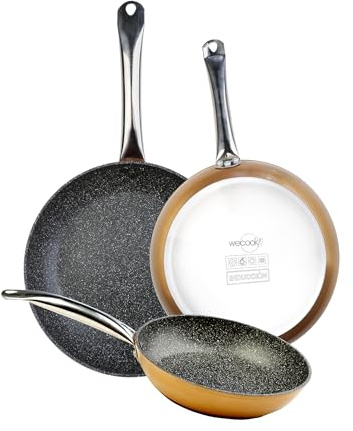Wecook! Profesional Juego de Sartenes Antiadherentes Set de 3 sartenes 20-24-26 cm de Aluminio Forjado – todas las cocinas Inducción, Gas y Vitrocerámica, libre PFOA, Mango de acero remachado, Cobre