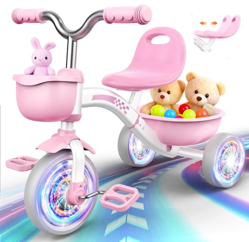 HappyGoLucky Pink Tricycles Toys for 2-5 Year Old Girls Gifts, Balance Bike 2-5 Year Old with 3 Colorful Lighting Wheels & Adjustable Seat, Baby Toddler Cycle Trikes Bike Girls Easter Toys for Kids