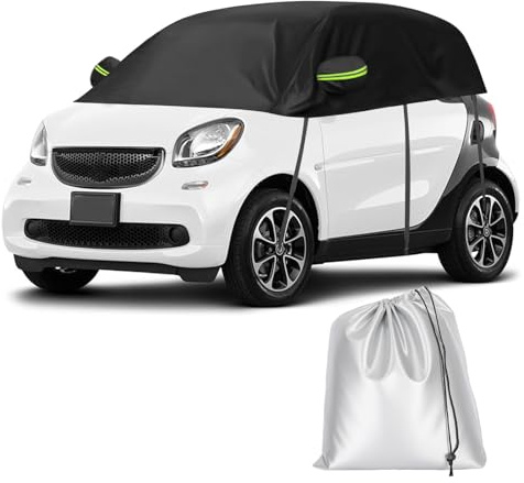 Halbgarage Autoabdeckung Wasserdicht Passend für Smart Fortwo 2006-2025, 300D Atmungsaktiv Autoplane mit Riemen & Reflektorstreifen, Wasserdicht Halbgarage, Regen Sonne Schnee Staub Schutz(Schwarz)