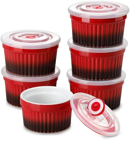 vancasso Moldes para Soufflé con Tapas, 6 Ramequines de Cerámica, 200ml Baking Moldes para Hornear Tartas, Ø 9,5cm Mini Cuencos para Postre, Apto para Lavavajillas, Microondas y Horno, Rojo