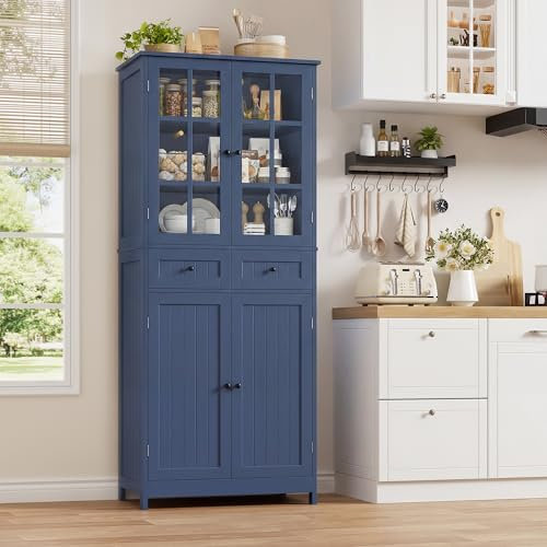 HOCSOK Credenza Cucina, 180 cm Alta Mobile Dispensa Cucina con 2 Ante in Vetro, Mobile Dispensa con 4 Ante e 2 Cassetti, per Sala da Pranzo, Ufficio, Soggiorno, Moderno, Blu