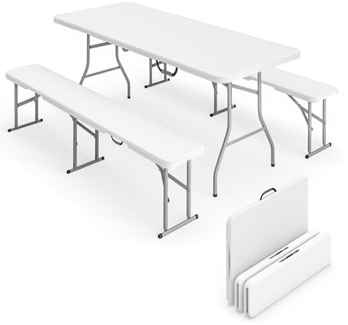 Outsunny Conjunto de Camping Plegable de 3 Piezas, Mesa Plegable Camping con Bancos, Incluye 1 Mesa de Camping 180x74x74 cm y 2 Bancos, Asas, Impermeable, para Acampadas, Jardín, Pícnic, Blanco