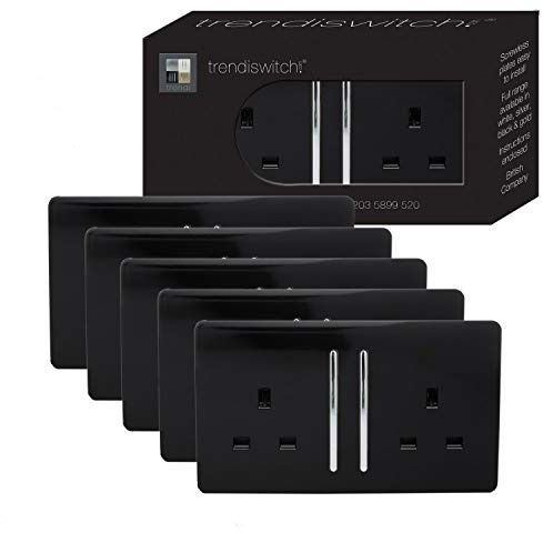 Trendi 2 Gang Raised Artistic Modern Glossy Screwless 13 Amp Single Pole with Chrome Switched UK Standard Electrical Double Wall Plug Socket in Piano Black (Pack of 5) - ART-SKT213LBK-P5