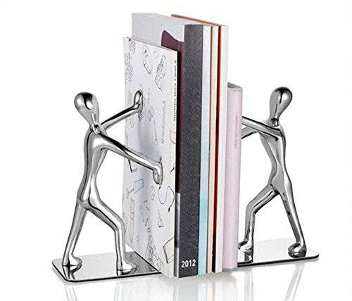 Fashion Creative Shiny Kung Fu Man Stainless Steel Metal Bookends Book End For Home Office Library School Study Decoration Gift (Silver)