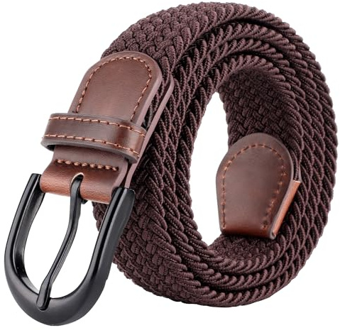 Flätat, stretchigt och elastisk bälte med nål, ovalt, solitt svart spänne, läderögla, spets, män/kvinnor/junior (7 storlekar, 27 färger), Brun, 40/42W x 47L (XL)