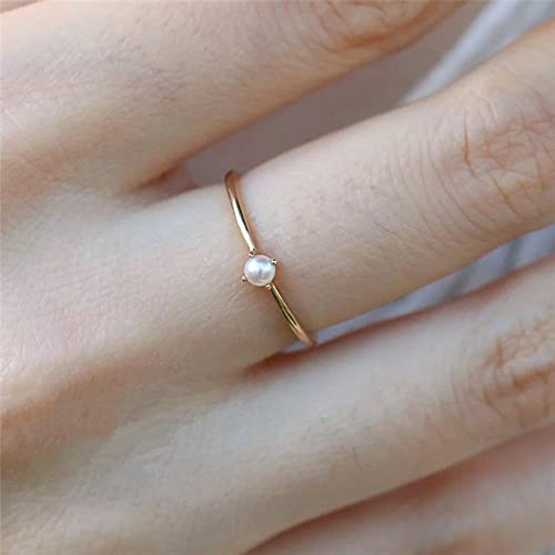 WDIYIEETN 18K Gold Plated Simple Pearl Ring Four Claw Round Dainty Pearl Ring Ladies Wedding Ring (8)
