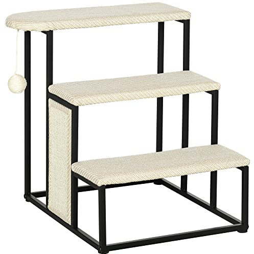 PawHut 3 Steps Dog Stairs, Pet Steps for Cat for Sofa and Bed with Sisal Scratching Board, Hanging Toy Ball, 47 x 45 x 47cm - Cream White