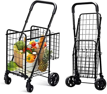 COSTWAY Vikbar shoppingvagn med universalhjul och dubbla korgar, 48 l + 10 l, bärbar handvagn med justerbart handtag, rullvagn, universalvagn för tvätt, shopping, bagage (svart)