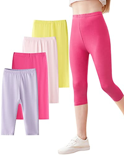 Domee Leggings Capri 3/4 Pantalon Court Été Fille Lot de 4 Rose & Violet & Rose Rouge & Jaune 7-8 Ans (Taille Fabricant 140)