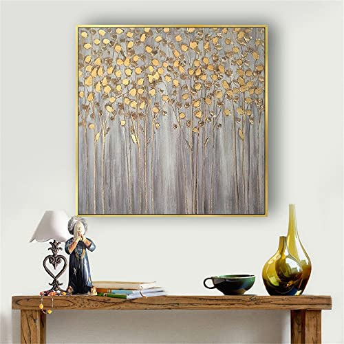 Ölbilder Auf Leinwand Handgemalt,Moderne Abstrakte Kunst Acrylmalerei 100% Handgemaltes Goldenes Holz Kunstwerk Extra Große Wandkunst Rahmenlose Coole Gemälde Wohnkultur Für Wohnzimmer,80X80Cm(32