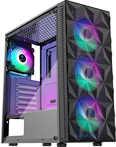 MOROVOL PC Case Pre-Install 4 RGB Fans, ATX Gaming Computer Case with Diamond-Shaped Mesh Front & Tempered Glass Side Panel, USB 3.0 Airflow Mid Tower case,621
