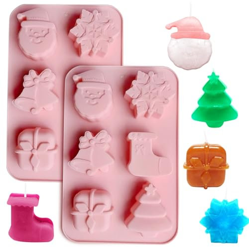 2 Pack Christmas Soap Molds,Snowflake Star Bell Christmas Silicone Molds for Handmade Soap Making,Candle Making,Cake Baking Christmas Tree Socks Snowflake Santa Claus Gift Box Jingle Bell