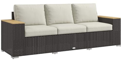 Outsunny 3-Seat Outdoor Patio Sofa with 24.5 Extra Wide Deep Seats, PE Wicker Sofa with Wide Wood Effect Armrests and 4 Cushions, Rattan Outdoor Couch for Porch, Garden, Poolside, Beige