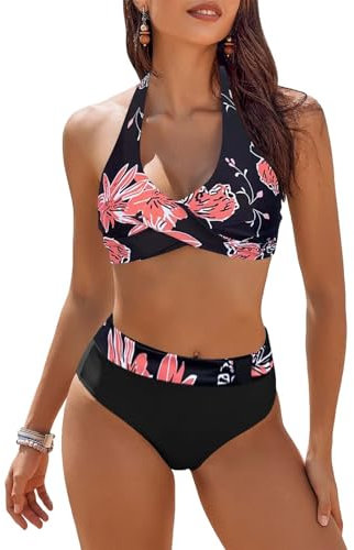 High Waisted Bikini Size 36 E Sets, V Neck Women's Bikini Sets, Cross Front Women Two Pieces Bathing Suits Top Ruffled Flounce Swimwear 50th Birthday Gifts for Women Back to School Season Red