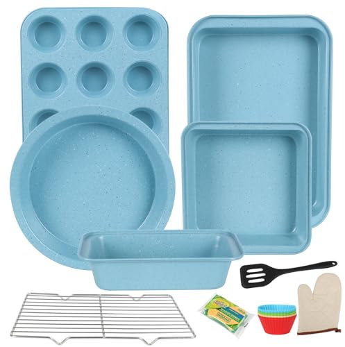 Barlket 6-teiliges Backformen-Set antihaftbeschichtet, Backformen-Set stapelbar, mit Backblech, Muffin, runde/quadratisch, Kuchenform, Kastenform, Gestell, Ofenhandschuh, Spatel für Heimbäcker, Blau