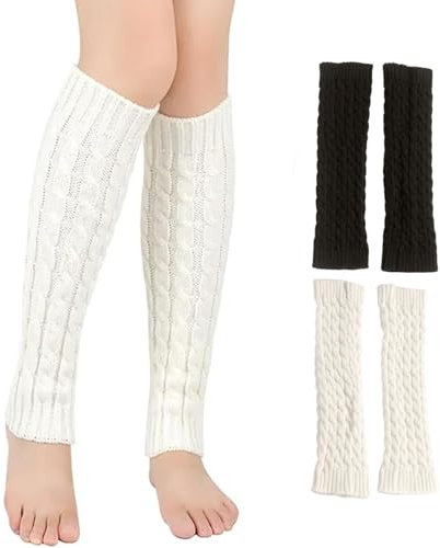 MOAZIFI 2 Paar Stulpen Damen, Leg Warmers aus Wolle, Elastische Beinwärmer für Damen, 40 cm lang, Weiß und Schwarz