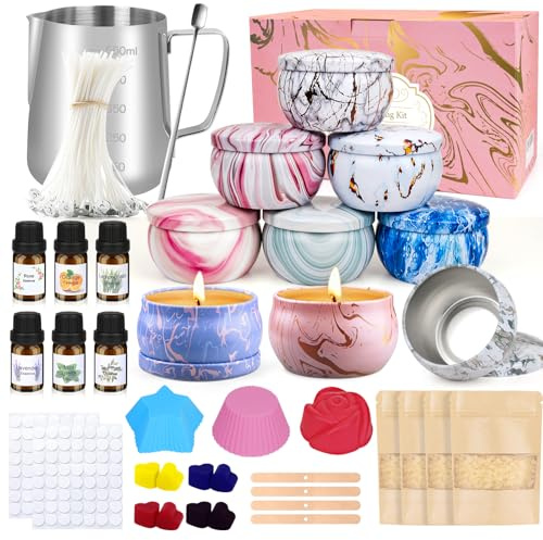 LDUMODUW Kit para Hacer Velas, Kit de Fabricación de Velas Perfumadas para Niños y Adultos, Juego de Velas Aromáticas, Kit de Regalo con 480g Cera de Soja, 9 Latas de Velas, 6 Aceites Aromático