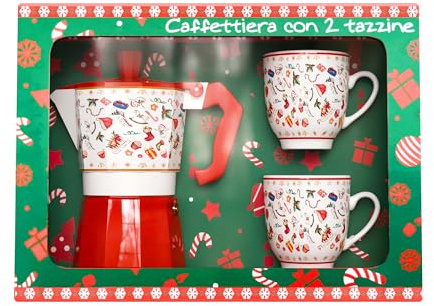 ICE TOYS Juego de café con cafetera de aluminio y 2 tazas de cerámica, altura 14 cm, ideal para regalo de Navidad