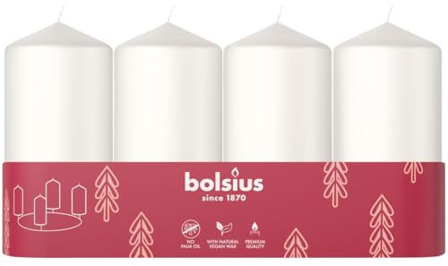 Bolsius Smooth Pillar Candles - Set of 4 - White - 3.9″ × 1.9″ - Decorative Candles - Long Burning Time - Unscented - with Natural Plant Wax - Without Palm Oil
