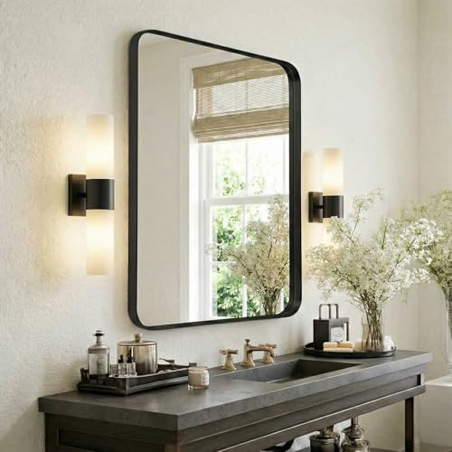 MAMIZO Specchio da bagno 90 x 60 cm, cornice profonda, vetro temperato rettangolare di lusso, appeso orizzontalmente o verticalmente, specchio da bagno decorativo per soggiorno, camera da letto