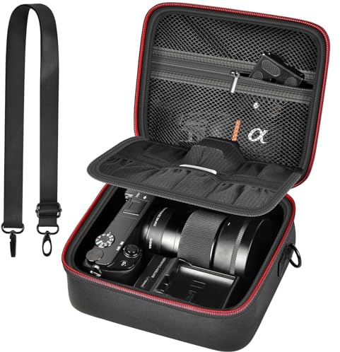 casmilee Custodia per fotocamera digitale mirrorless Sony Alpha ZV-E10 Alpha a6400/ a6700/ a6100/ a6000/ a6600/ a6500, borsa da viaggio rigida con tracolla per obiettivi e accessori (nero, M)