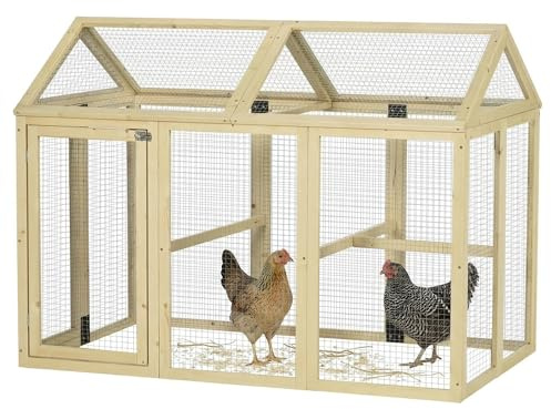 PawHut Recinto per Galline all'Aperto in Legno, Gabbia Galline con Porte Multiple e Rete in Metallo, 140x88.5x106 cm, color Legno