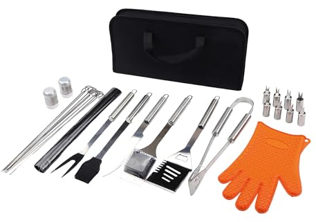 Amig - Kit 28 Accessori per Barbecue - 39 x 19 x 6 cm - Acciaio Inossidabile - Set Completo di Utensili - Accessori Pratici e Presentazione Curata per Regalo - Mod. AM18