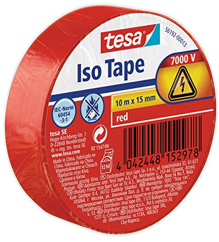 tesa Insulating Tape - Self-adhesive Insulating Tape, Heat-Resistant - for Insulating, Repairing and Bundling - 10 m - Red