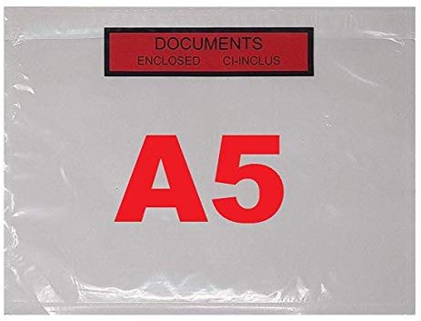 1000 Pochettes porte document ci-inclus format A5 (feuille A4 plié en 2) adhésives transparente, imprimée documents ci-inclus et documents Enclosed - Pochette d’Expédition autocollante C5 225 x 165 mm