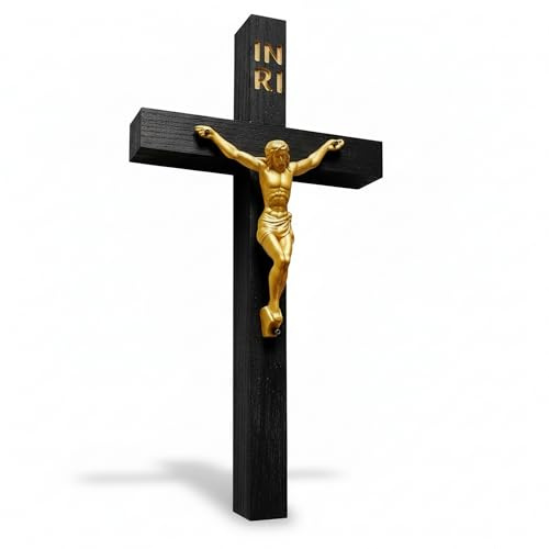 Edles Wandkreuz aus massivem Buchenholz 25 cm – Schwarz gebeiztes Kruzifix mit goldener handbemalter Christusfigur – INRI – Stilvolles religiöses Geschenk zur Kommunion, Taufe, Firmung & Weihnachten