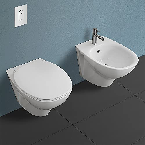 Inbagno Coppia Sanitari sospesi Rimless, Completa di Copriwc Tradizionale Slim, in Ceramica Bianca Serie Morning