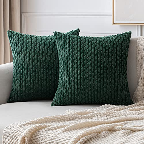 MIULEE Corduroy Cushion Covers Decorative Soft Throw Pillow Cover Square Pillowcase for Sofa Livingroom Chair Bedroom with Invisible Zipper 18x18 Inch 45x45 cm Pack of 2 Dark Green
