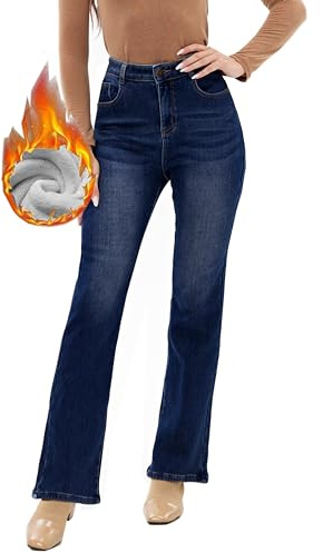 heipeiwa Pantaloni da Donna Invernali Foderati in Pile Termico Svasato Bootcut Jeans a Vita Alta, Bootcut Navy 6603, L