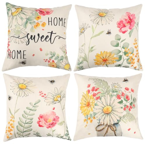 UXORSN Outdoor Throw Cushion Covers 45 x 45cm Set of 4 Square Pillow Covers Peony Daisy Flowers Bee Decorative Pillowcases Linen Floral Printed Cushion Case for Garden Bench Sofa Bed Farmhouse Decor
