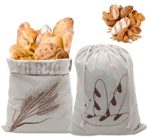 2 Pcs Sacs à Pain en Lin avec Doublure Intérieure en Tpu 40x30cm, Sacs Réutilisables pour Pain Fait Maison, Garder le pain Frais, Stockage Alimentaire et Transport