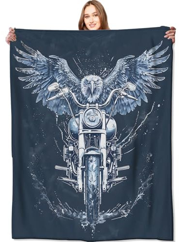 VODRM Eagle and Motorcycle Blanket Rider Bike Dark Throw Blankets,Gifts for Woman Men,Lightweight Soft Fleece,Motorcyclist Art,for Sofa Couch Bed Room Modern Cool Bold Decor 50x60in