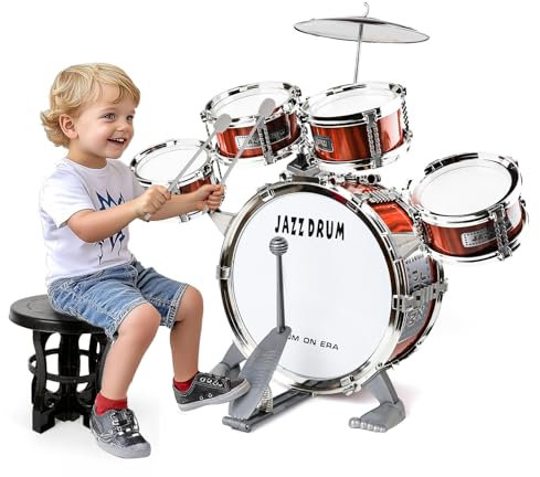 BABYJOLLY Batteria per Bambini, Set Batteria Jazz Strumento Musicale 5 Tamburi con Sgabello, Toddler Drum Set Musicale Percussione Giocattolo Regalo per Bambini 3 4 5 Ragazzi e Ragazze